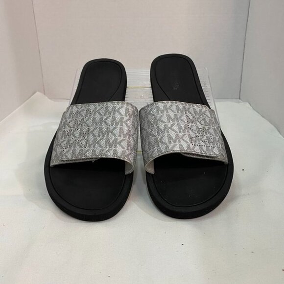 Michael Kors Silver Monogram Slide Sandals Women’s 8M Logo Strap Flat - Picture 5 of 10